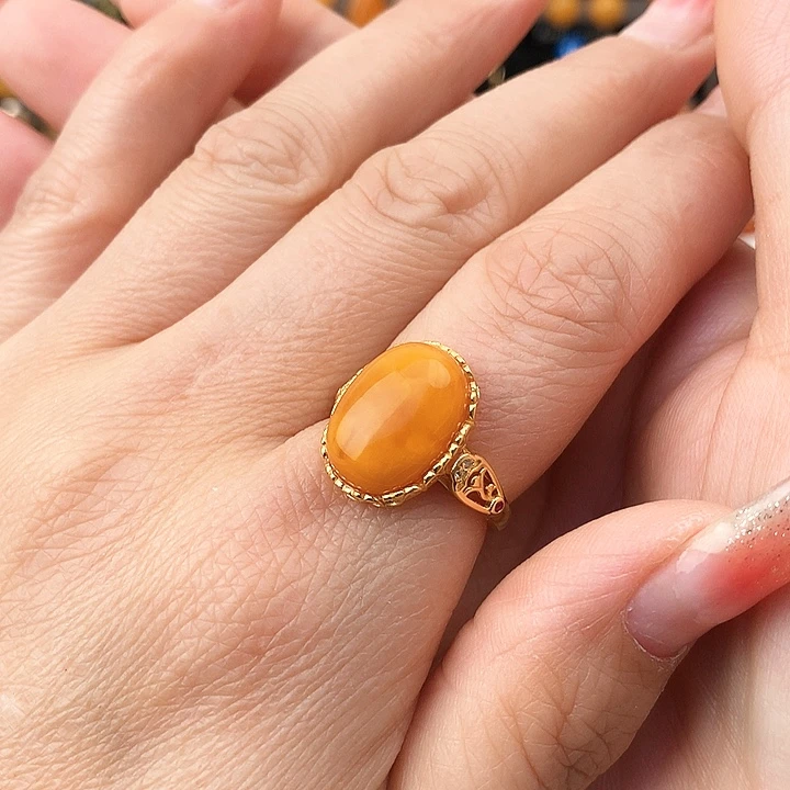 蜜蜡戒指银S925镶嵌戒指