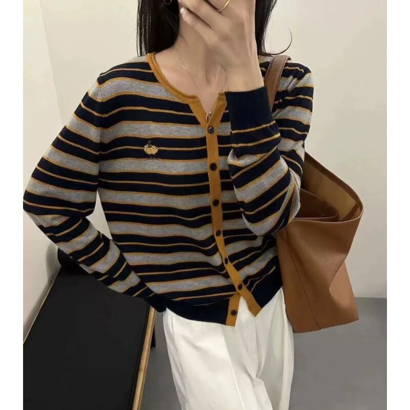 精品~美丽诺细羊/亲肤软糯/南瓜刺绣剪刀领条纹/针织长袖A489