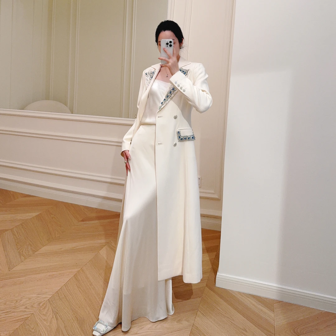 嫚渡100%绵羊毛重工钉珠镶钻大衣  高端法式气质轻奢秋冬纯色大衣