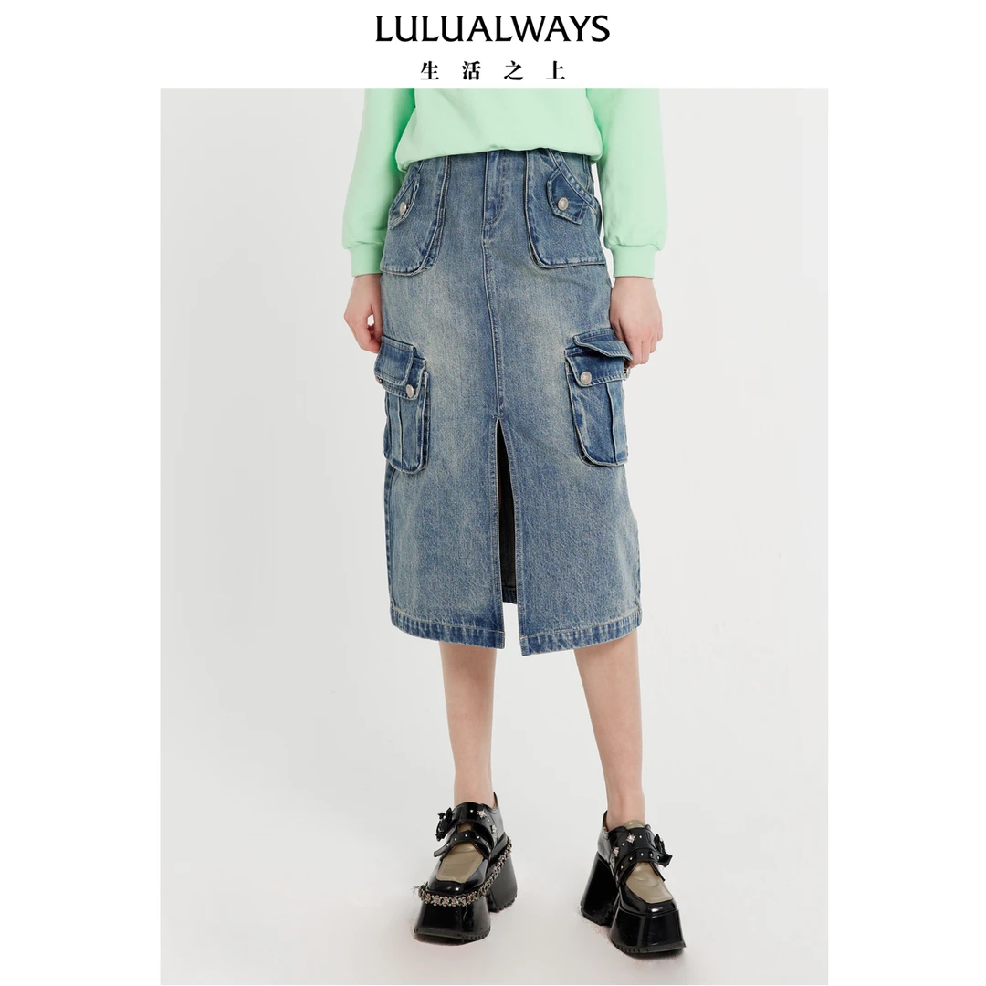 LULUALWAYS新款装饰A字牛仔裙半身裙