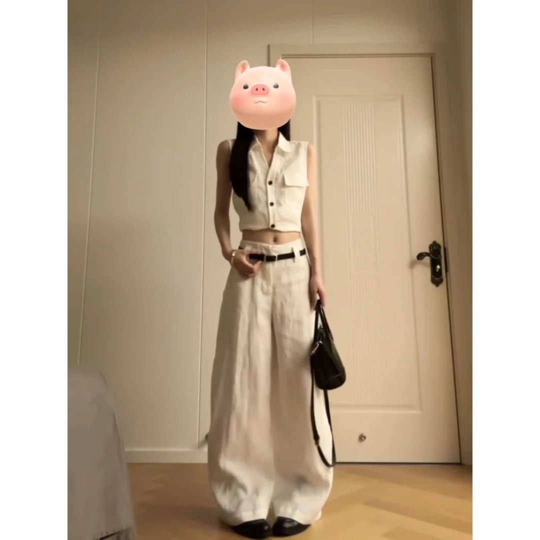 MARIE.COCO高级感时尚气质无袖衬衫背心上衣高腰直筒休闲长裤套装