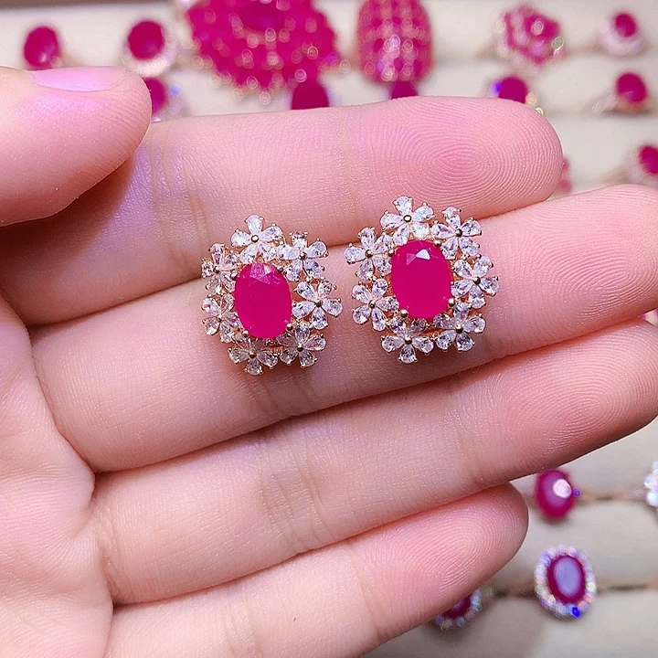 耳饰银S925镶嵌红宝石