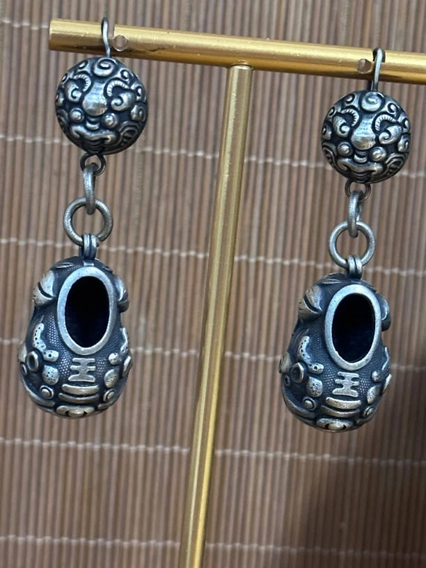 925银耳饰 正品百年老银匠手工錾刻老银兽头耳坠