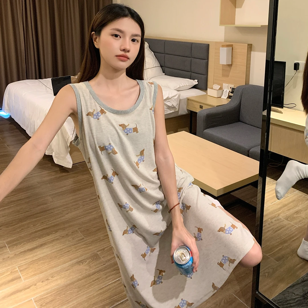 卡通可爱腊肠狗睡裙夏季女生薄款无袖背心睡衣中长款连衣裙家居服