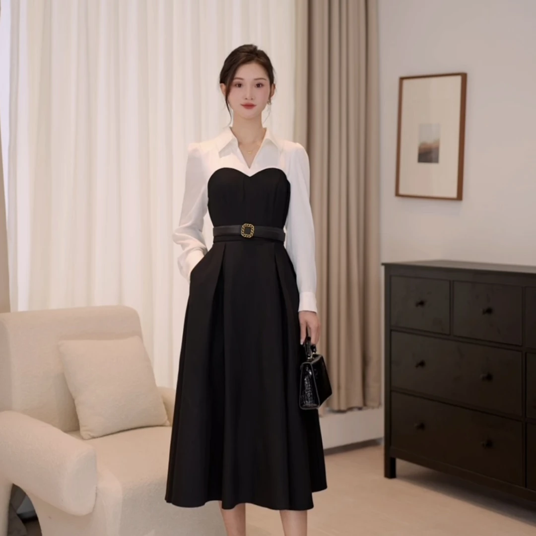 拉夏贝尔25秋季法式赫本气质小香风长袖正式场合连衣裙 10287 LSC