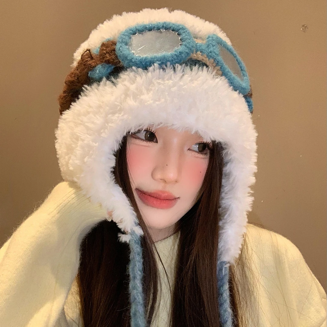 加绒款可爱眼镜飞行护耳雷锋帽子冬季女秋冬保暖毛绒针织帽