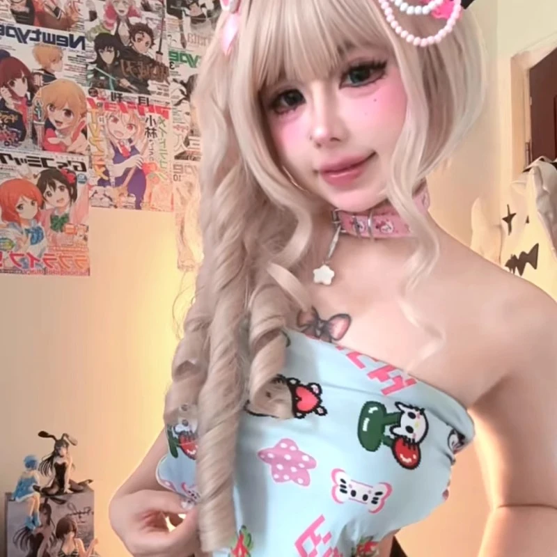 RGKEN如果可能 像素KT抹胸上衣花色丝质亚文化Y2K百搭美式辣妹风