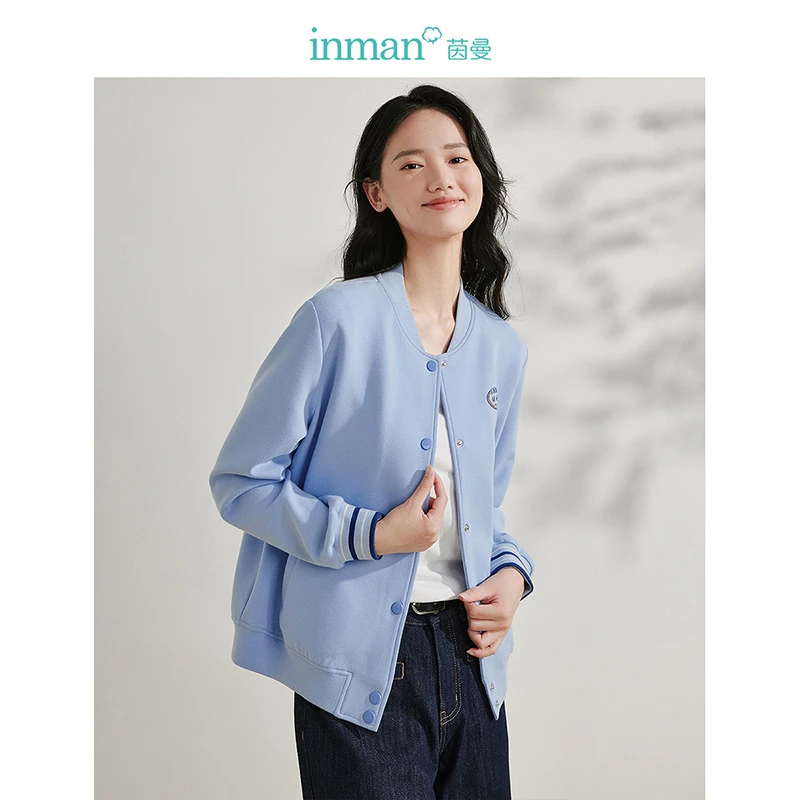 茵曼2024春秋新款女短外套上衣休闲长袖刺绣棒球时尚减龄口袋撞色