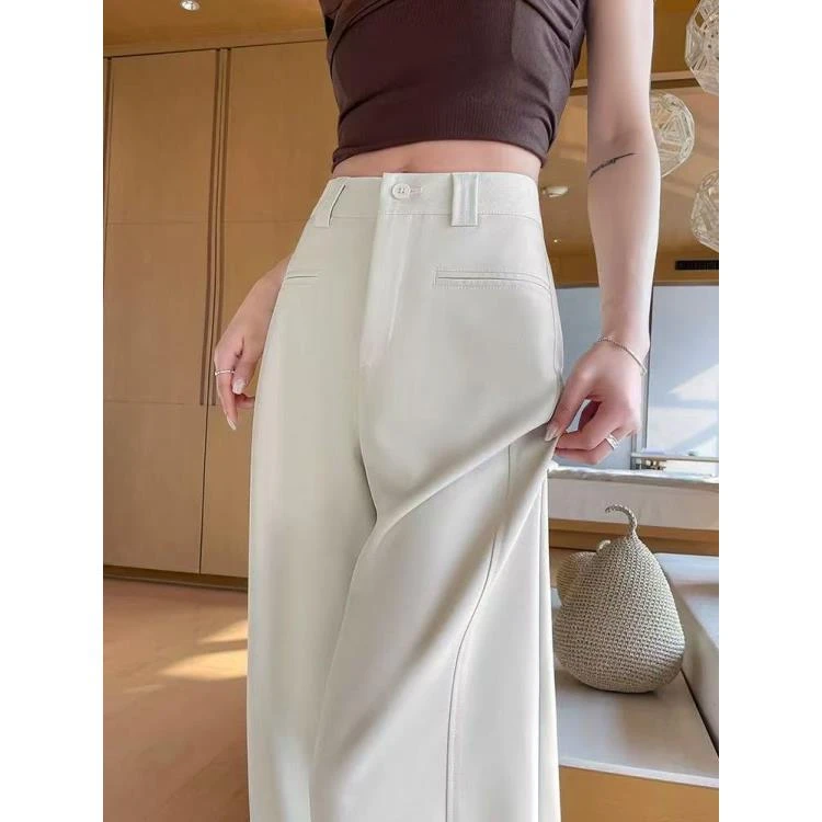 春夏薄款气质时尚百搭褶皱窄版直筒阔腿裤中高腰垂感休闲裤