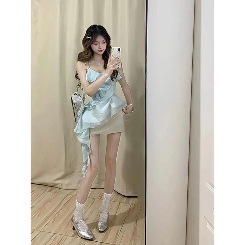 性感辣妹不规则吊带背心女夏季设计感荷叶边上衣百搭半身裙两件套