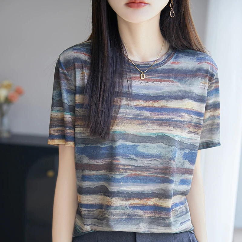 【奥莱撤柜】哥家夏季新款提花圆领短袖女士T恤衫时尚百搭减龄上衣