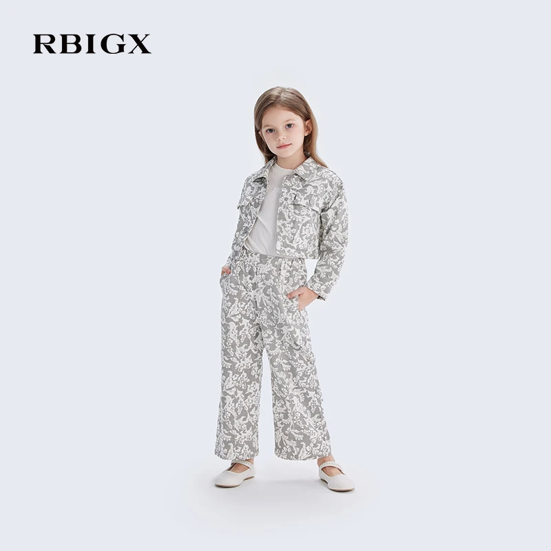 RBIGX瑞比克中大童童装2025春季新款设计感兰铃花印花图案阔腿裤
