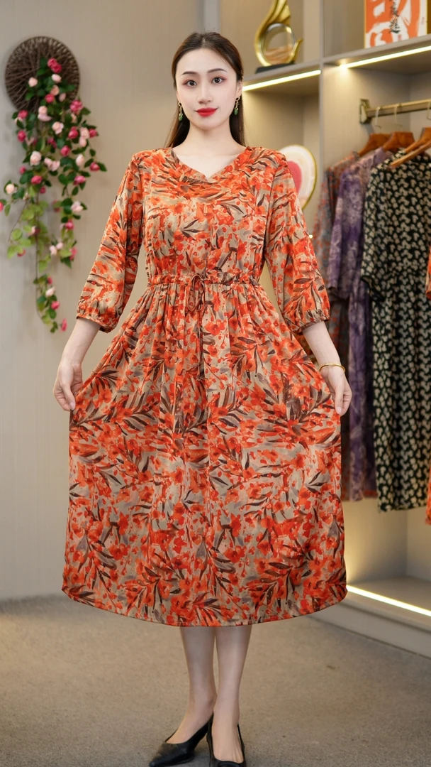 秋季新款妈妈装时尚长裙印花洋气【干柴烈火】M