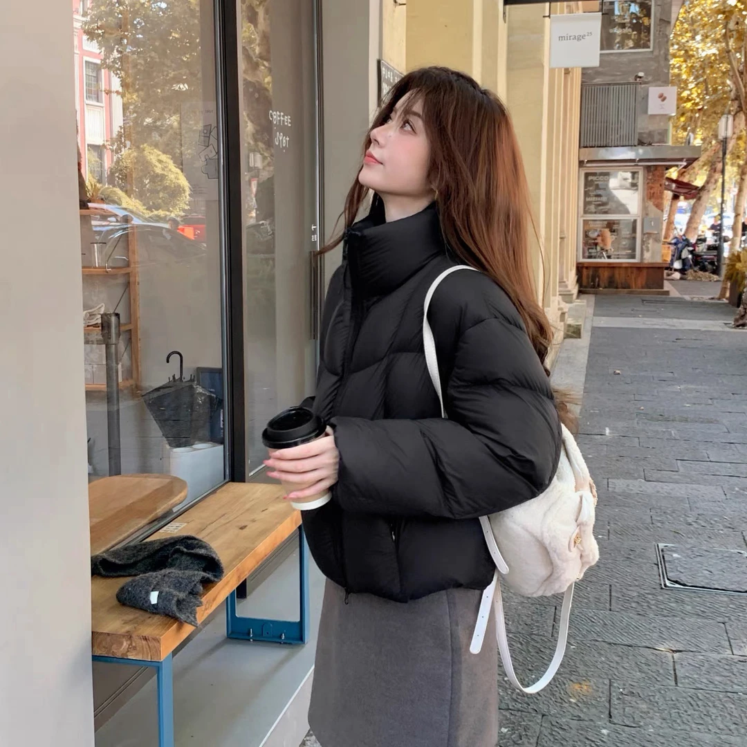 欢欢家231新款韩系立领短款宽松保暖白鸭绒女士泡芙羽绒服