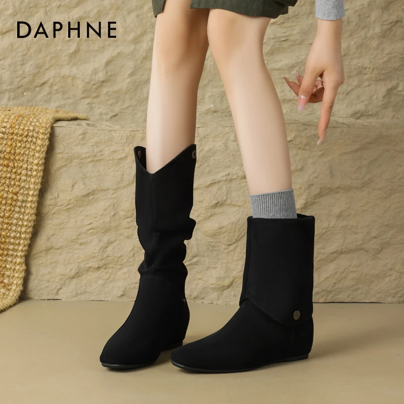 达芙妮新款法式复古长筒骑士靴2025秋冬季增高堆堆靴两穿瘦瘦短靴