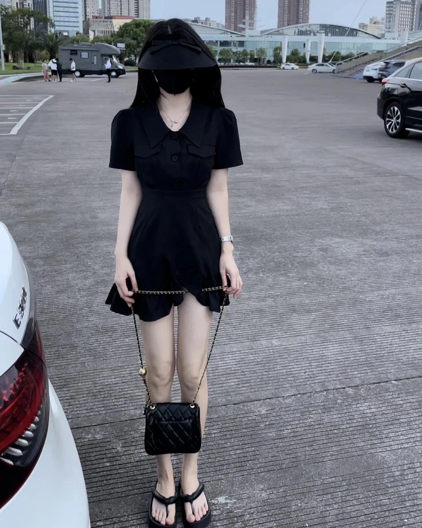 法式气质系带花边短袖V领收腰显瘦百搭夏季连衣裙