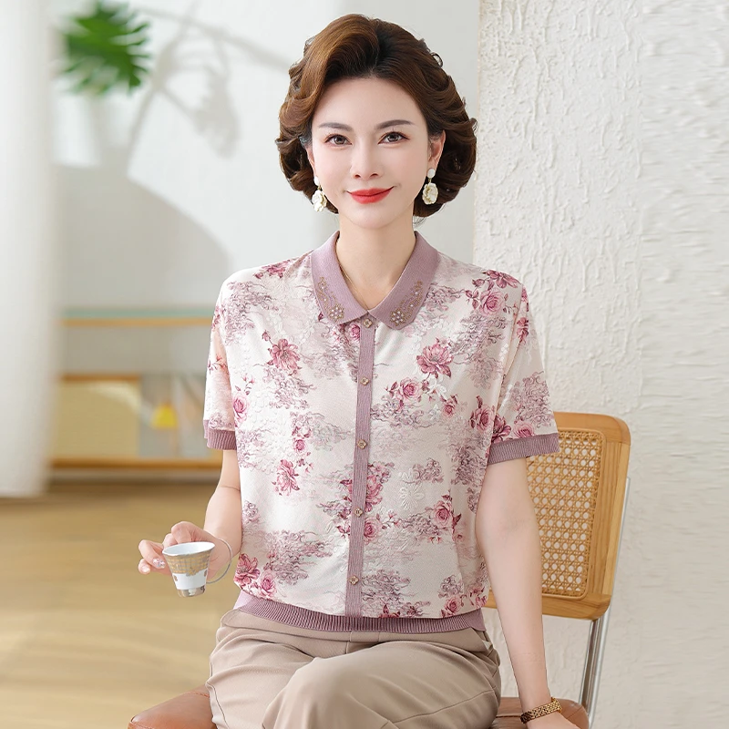 妈妈夏装冰丝短袖T恤衫中老年女装翻领洋气上衣薄款针织打底衫女