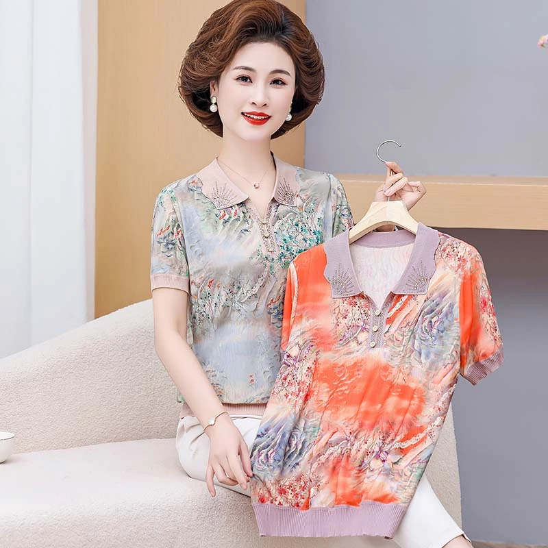 妈妈装新款夏装气质短袖冰丝翻领小衫中老年女夏季时尚印花薄T桖