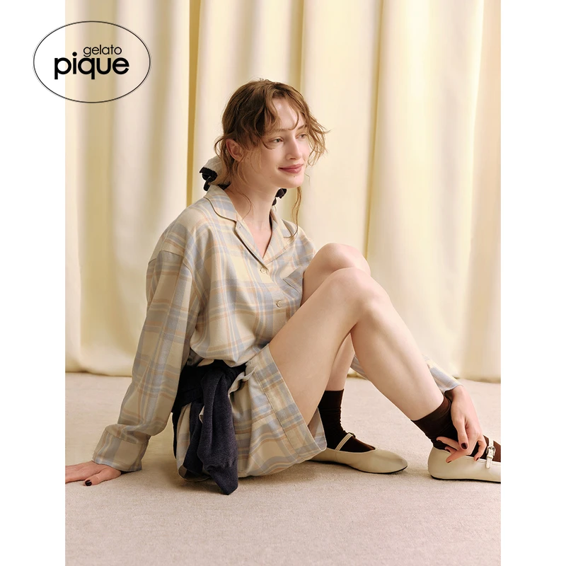 gelato pique25秋冬新品女睡衣长袖格纹宽松衬衫家居服PWFT254292