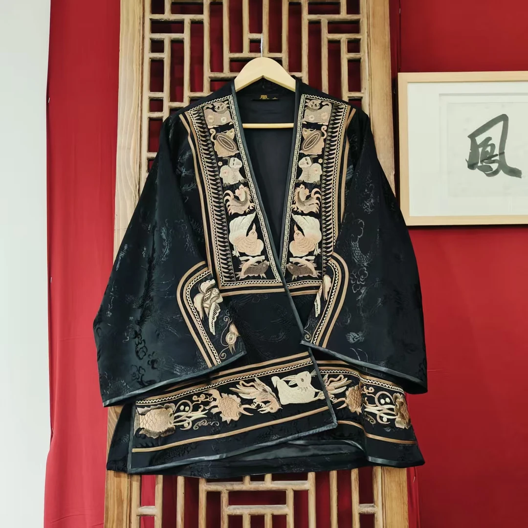 （HY25037）凤徕兮私人定制黑色龙凤暗纹底图腾刺绣斜襟开衫风衣
