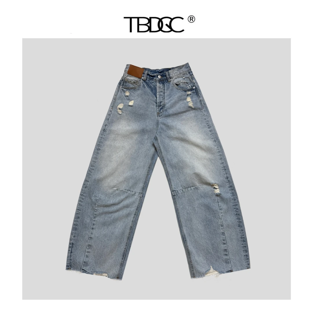 小众设计师系列 圆弧剪裁宽松破洞牛仔长裤 男女同款