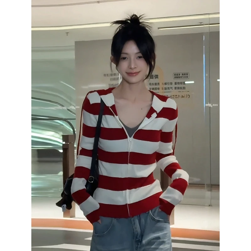 大码胖mm韩系连帽条纹开衫卫衣女秋装休闲温柔感长袖减龄绝美上衣