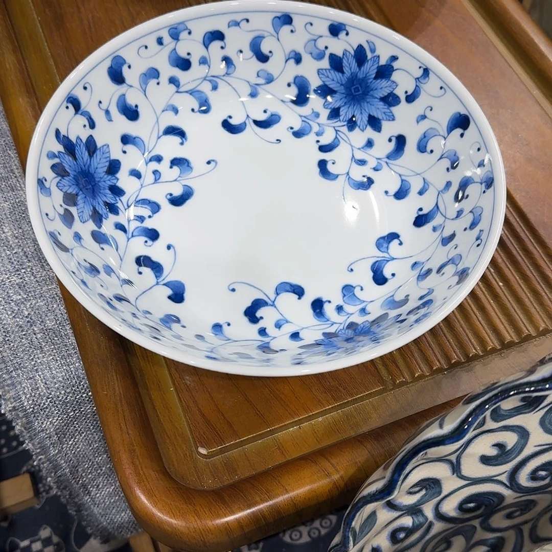 王***g硬质细瓷蓝凛堂釉下彩深盘一只装特价