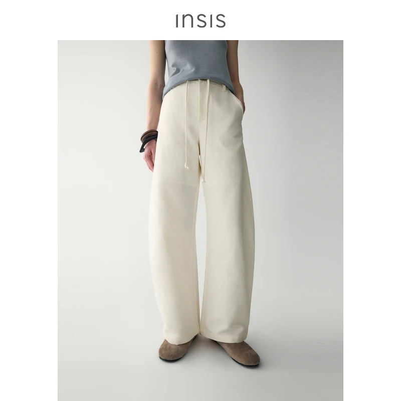 INSIS FEMME天然亚麻长绒棉2025春季款腰头抽绳休闲长裤弧形裤女