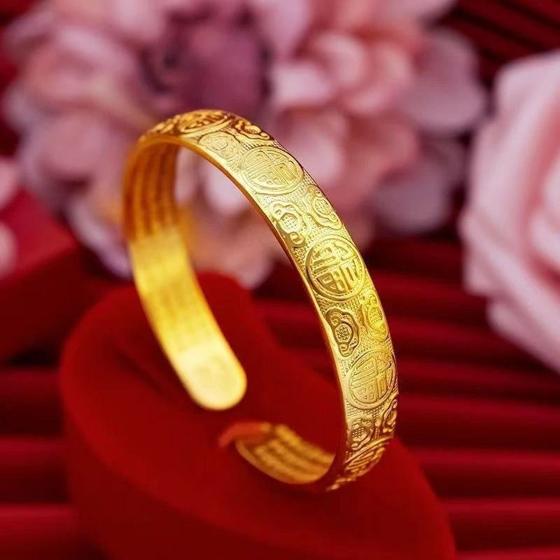 合金手镯 新款复古开口百福心经女款合金手镯内刻经文福字手镯