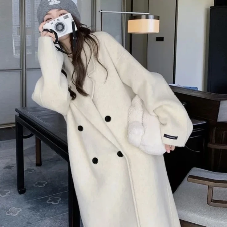 韩版毛呢大衣女士长款宽松显瘦版加厚毛呢外套