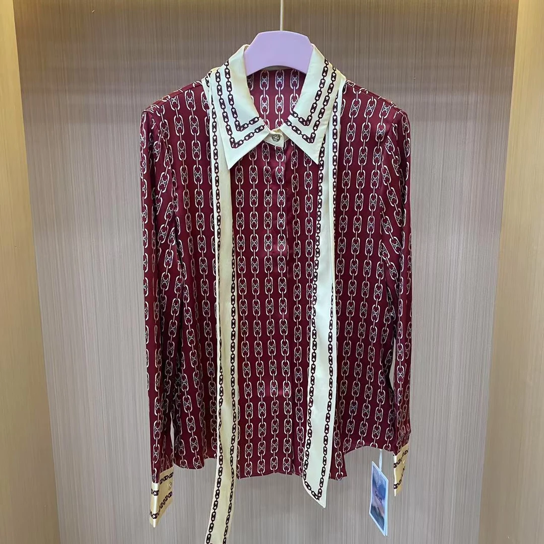 【LJWM】桑蚕丝链条印花长袖衬衫 C9026