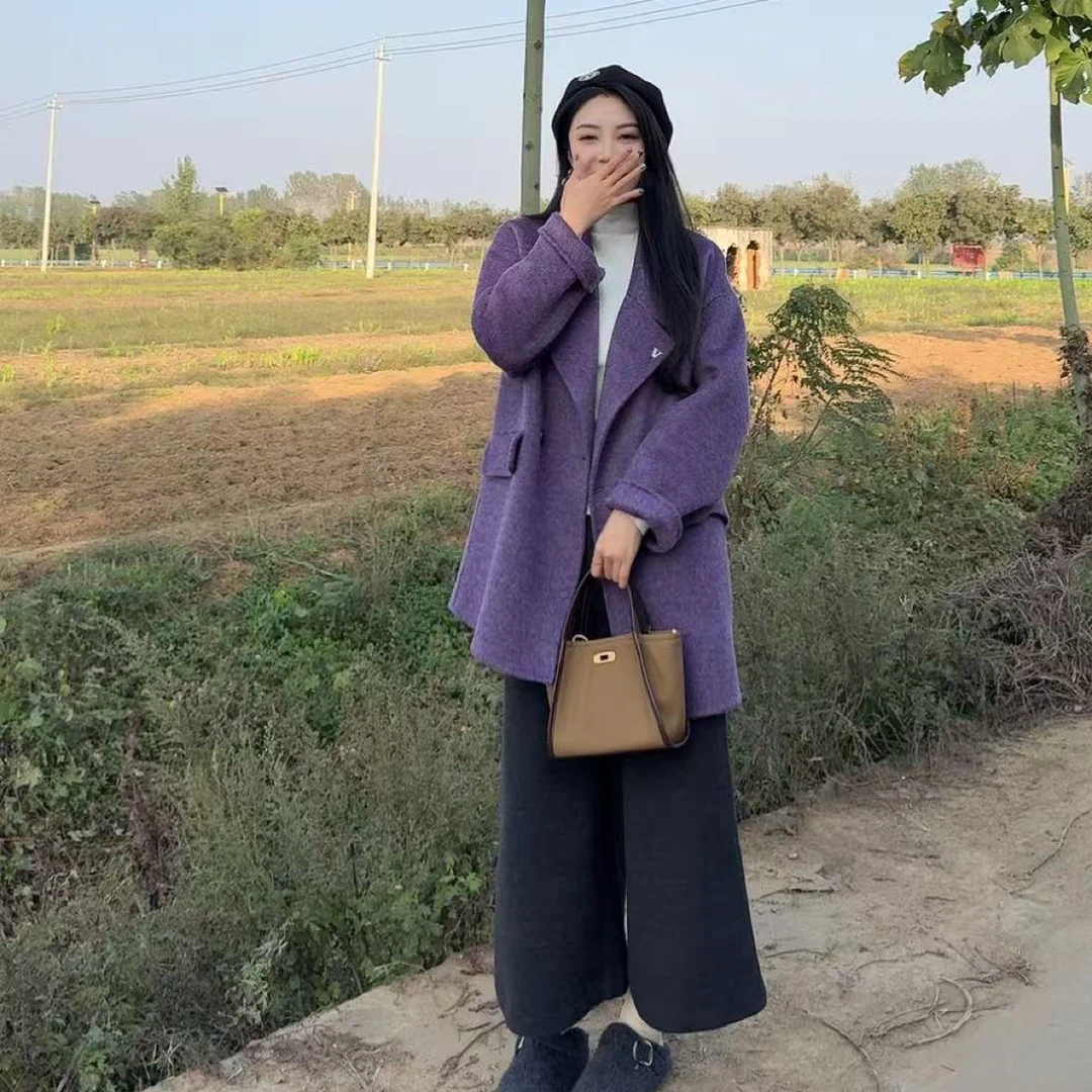 女士中长款百搭经典翻领羊驼毛双排扣秋冬大衣