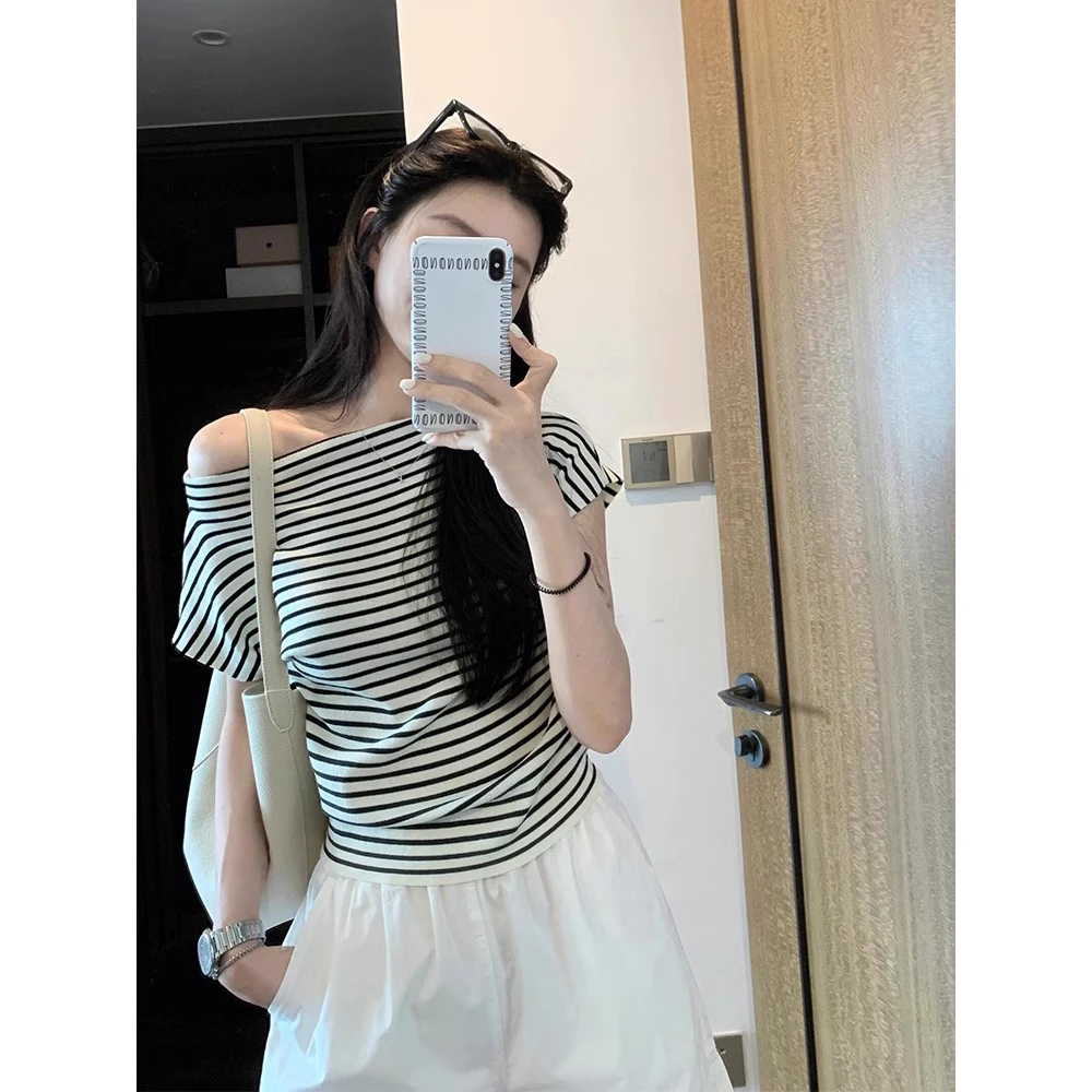 韩系百搭条纹斜肩一字领短袖t恤女夏季气质不规则收腰套头上衣薄