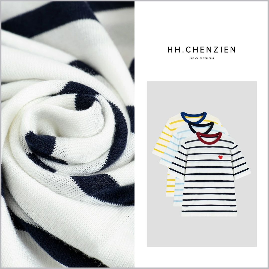 【黑黑家】春夏女款经典条纹爱心刺绣时尚百搭短袖针织上衣