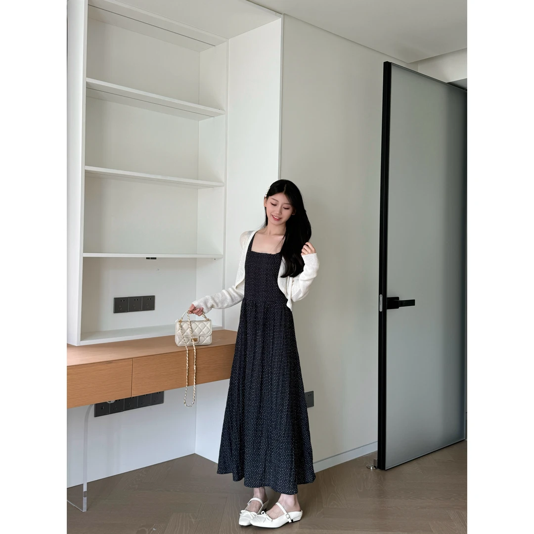 法式设计感气质显瘦波点吊带抹胸连衣裙女防晒开衫两件套装2025夏