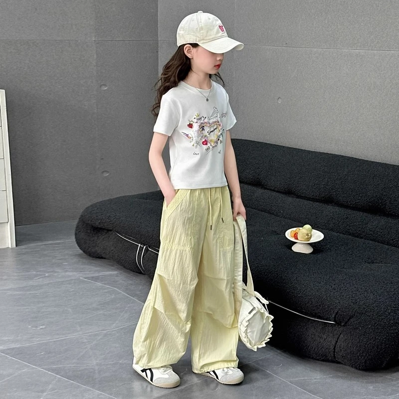 女童短袖短款T恤夏季洋气 2025新款女大童薄款防蚊裤时尚百搭夏装