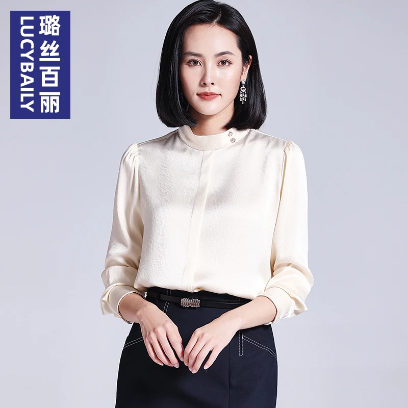 230047 时尚立领雪纺衬衫女长袖2025春装气质职业泡泡袖雪纺衫