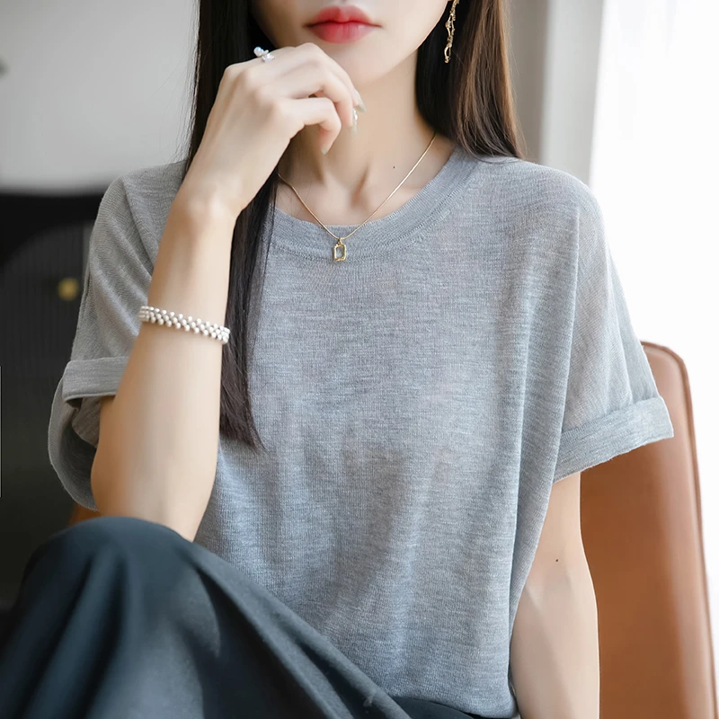 哥弟阿玛施正品时尚圆领短袖针织衫女竹节麻宽松透气显瘦tT恤上衣