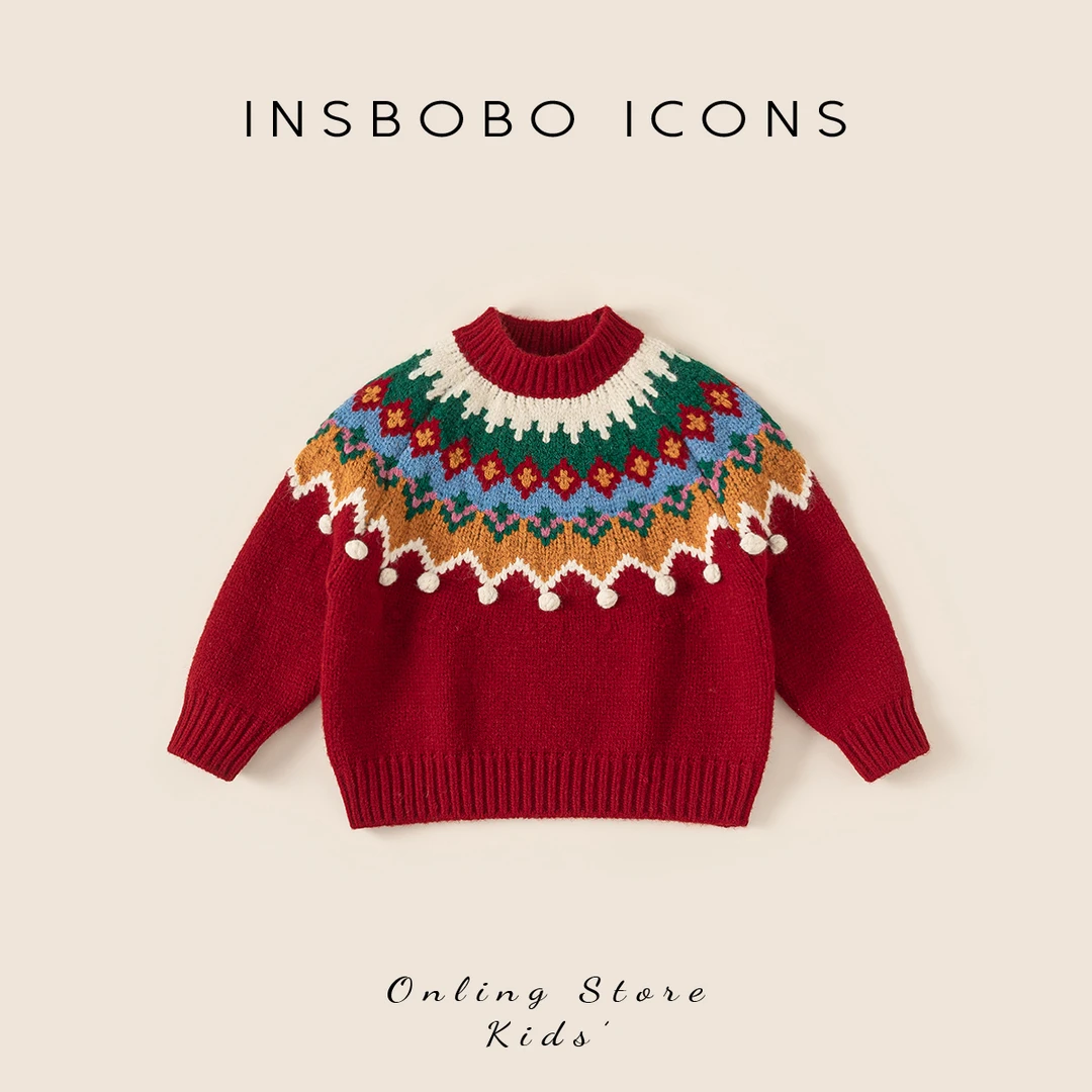 【专属】INSbobo儿童红色毛衣冬季节日氛围感小球装饰毛衣DY25366