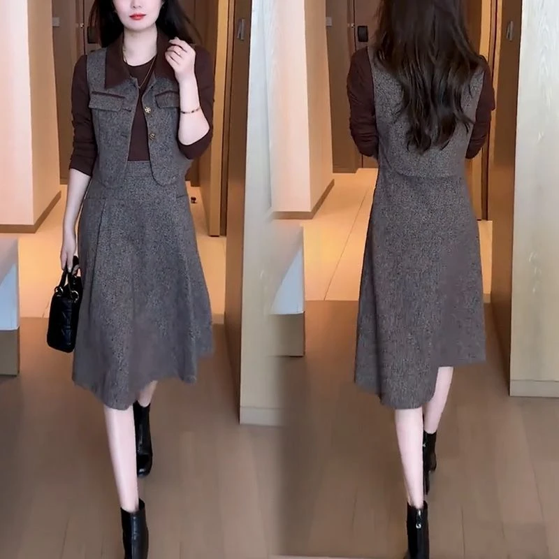 2025春秋季新款时尚气质连衣裙马甲外套+洋气显瘦裙子两件套装潮