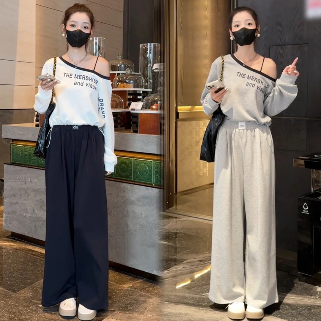 拉夏贝尔时尚套装女2025秋季新款洋气显瘦露肩卫衣休闲裤两件套潮