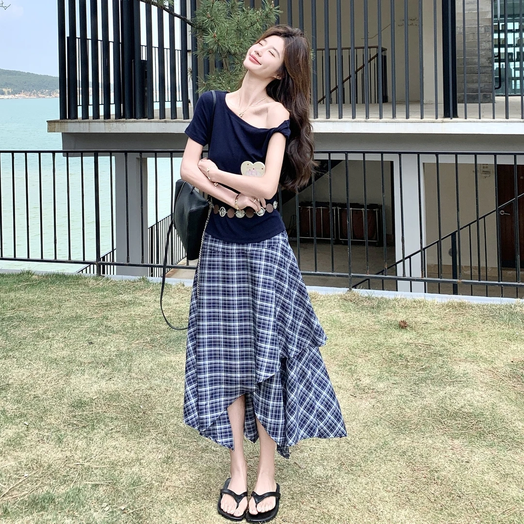 全新上市夏季短袖半裙莱赛尔材质深蓝长裤两件套