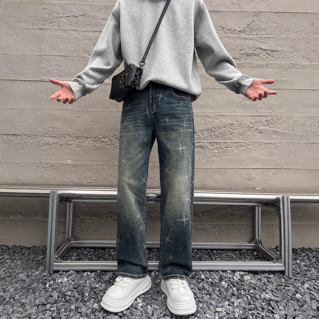 秋季新款简约百搭弹力修身牛仔裤男士休闲复古高街宽松潮流ins