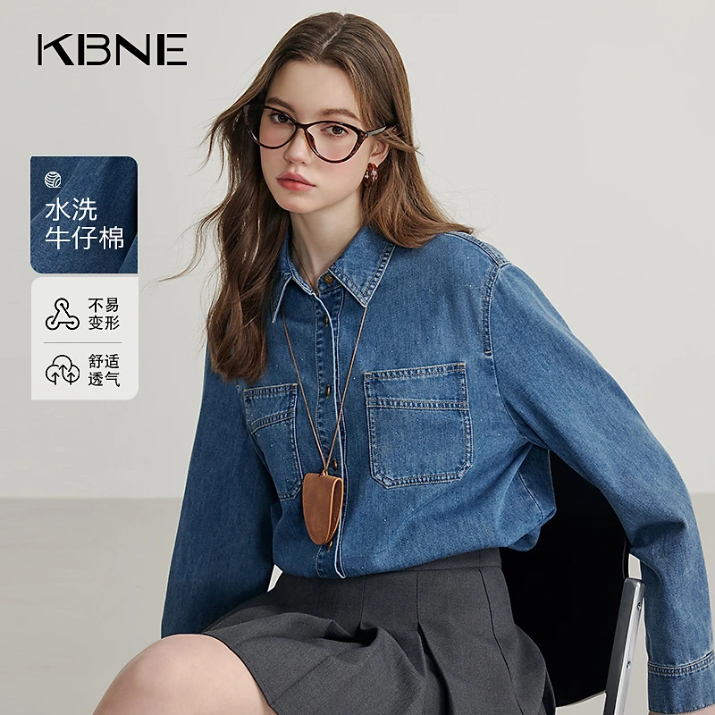 KBNE牛仔衬衫女爆款2025春季新款复古时尚百搭宽松蓝色衬衫女洋气