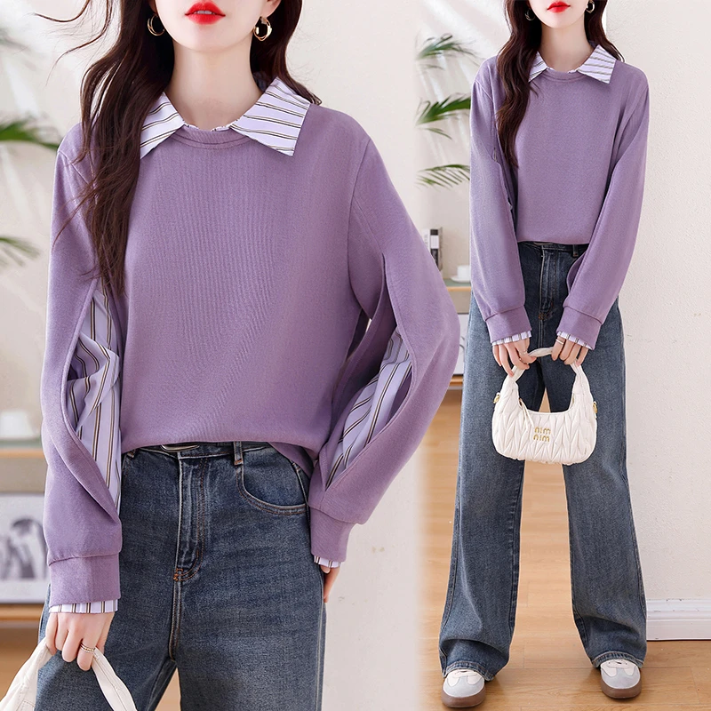 港风复古拼接假两件紫色卫衣女款2025新款春秋设计感宽松百搭上衣