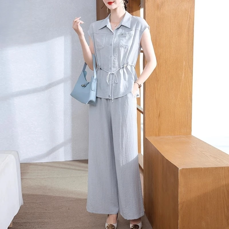 妈妈夏装纯色套装中老年女装翻领衬衫短袖上衣2025新款两件套