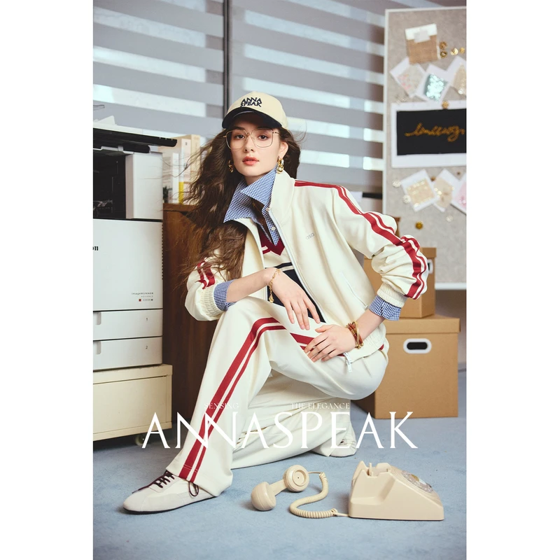 ANNASPEAK复古运动风双拉链条纹显瘦卫衣外套/休闲抽绳长裤阔腿裤