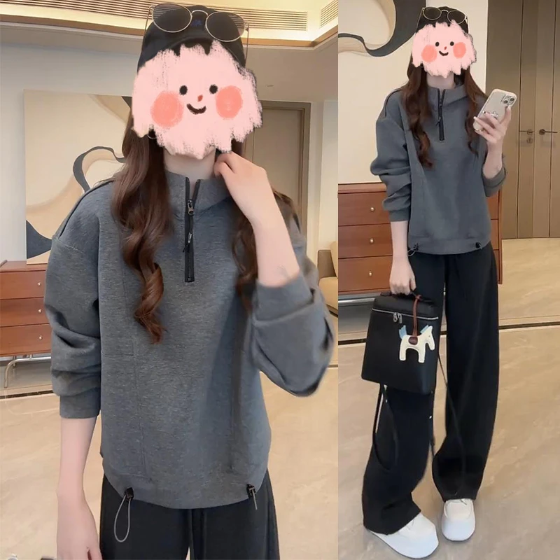 纯色气质半拉链连帽卫衣女士2025秋季新款阔腿宽松休闲裤时尚套装