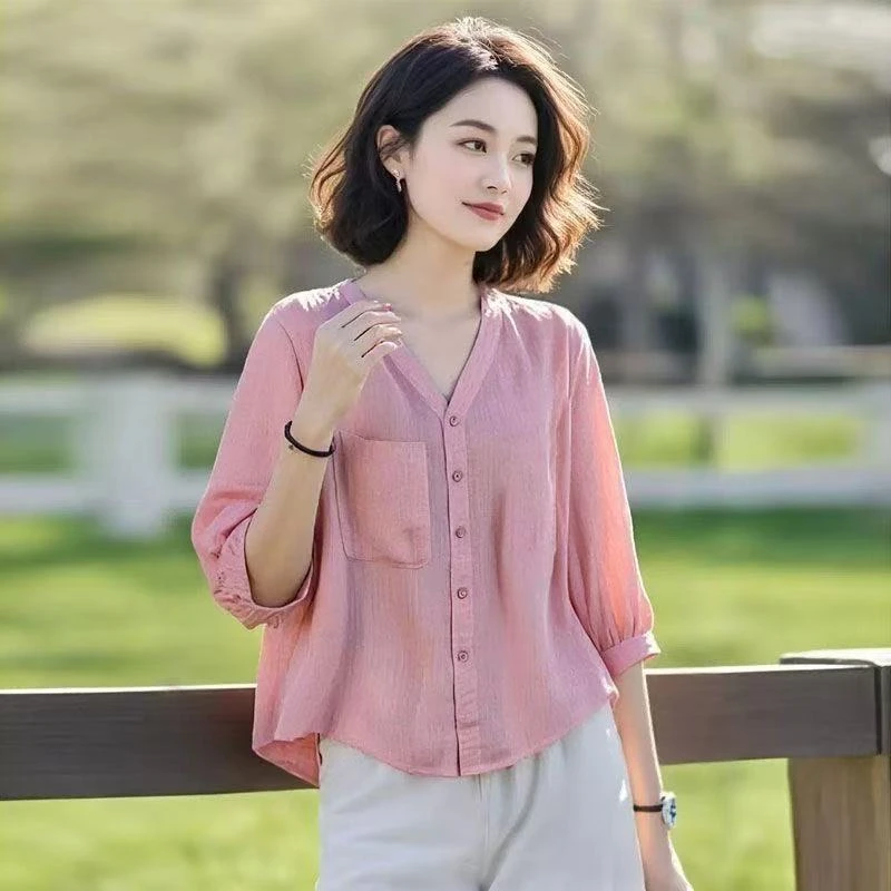 爆款2025夏季新款V领时尚衬衫遮肉显瘦遮肚子五分袖衬衣上衣女