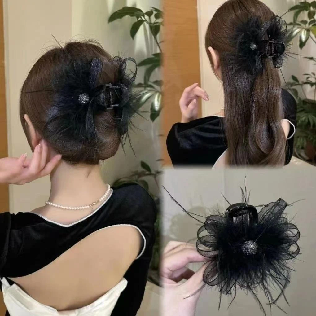 2025新款高级感水钻毛毛抓夹女毛发卡后脑勺鲨鱼夹半扎发发夹